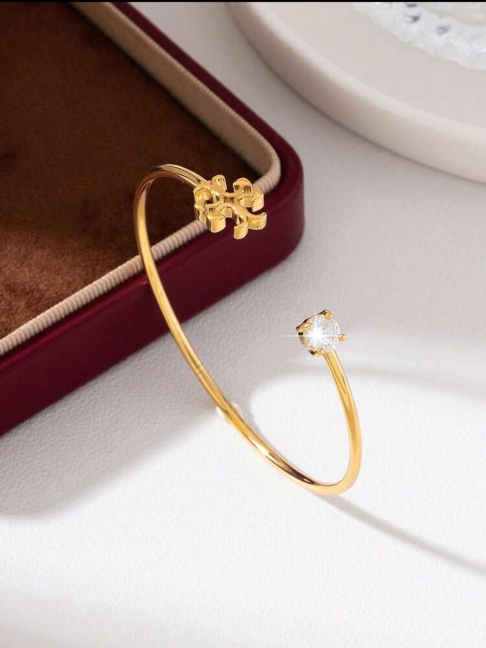 Tory Burch Gold Open Cuff Bracelet with Clear Stone Accent